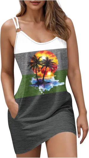 TARIENDY Women's Summer Dresses Casual Sleeveless Sundress Graphic Printed Mini Dress Beach Vacation Outfits with Pockets