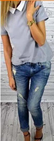 Turn-down Collar Short Sleeves Slim T-shirt
