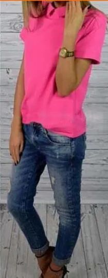 Turn-down Collar Short Sleeves Slim T-shirt