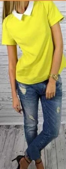 Turn-down Collar Short Sleeves Slim T-shirt