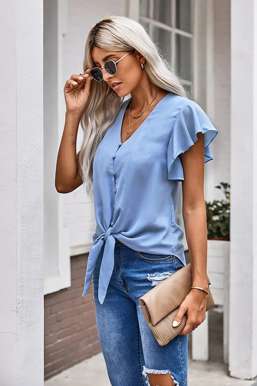 V-Neck Tie and Hem Flutter Sleeve Summer Women's Blouse