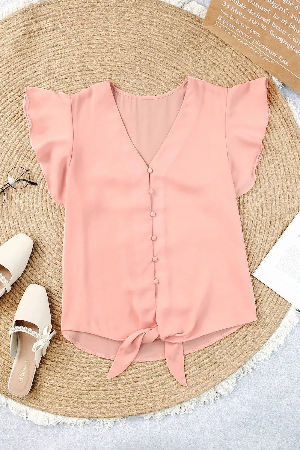 V-Neck Tie and Hem Flutter Sleeve Summer Women's Blouse