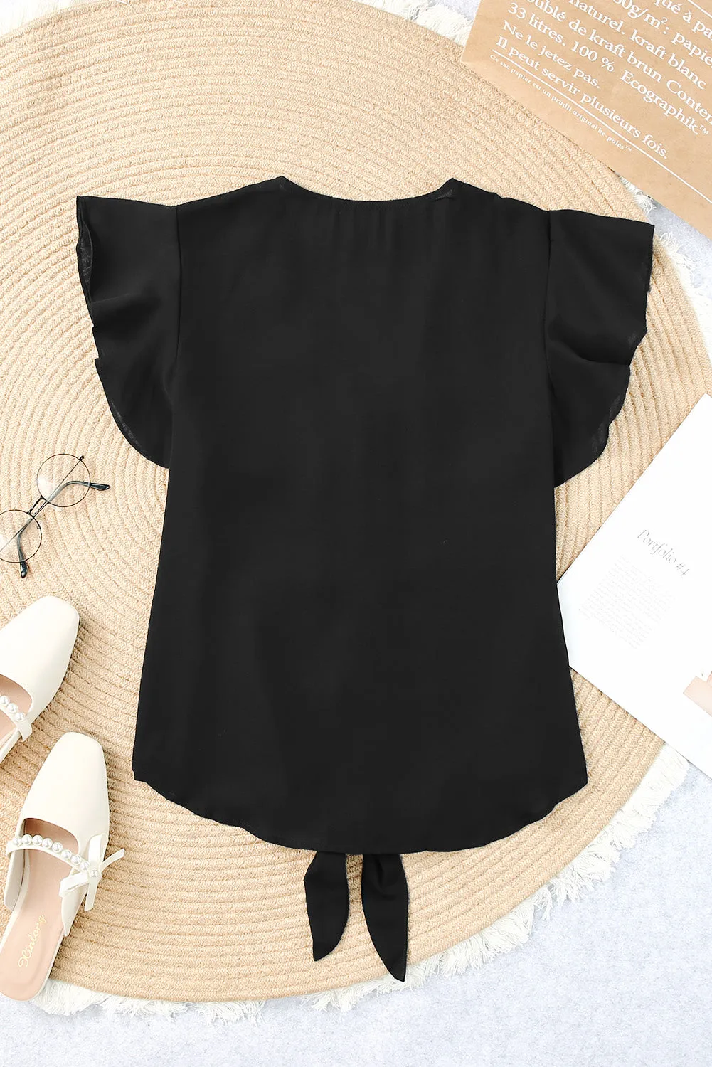 V-Neck Tie and Hem Flutter Sleeve Summer Women's Blouse