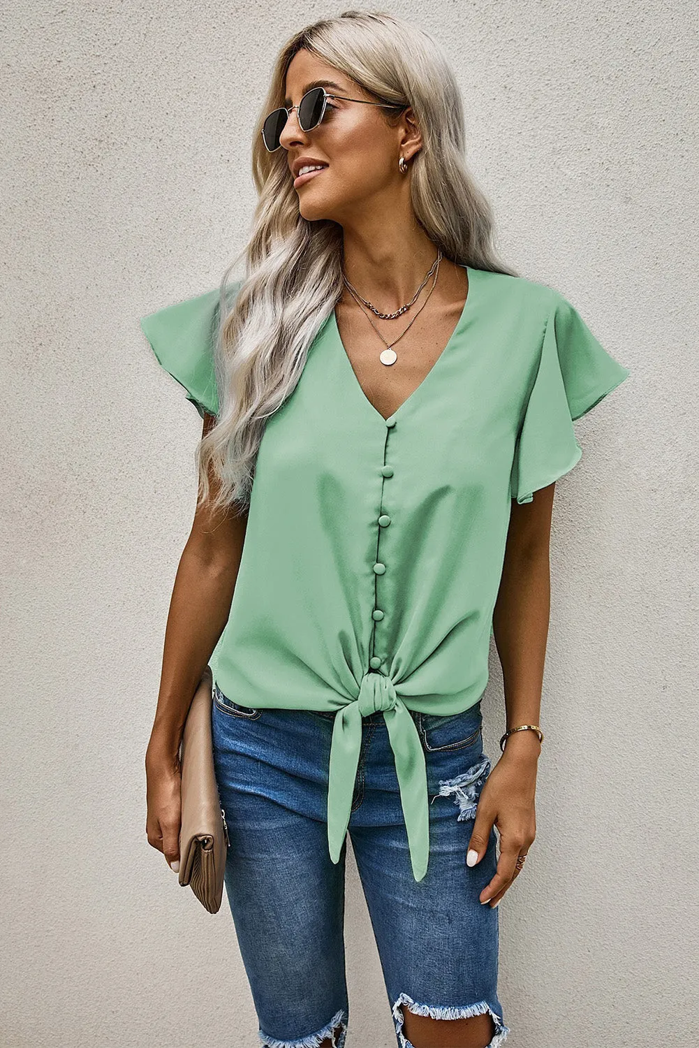 V-Neck Tie and Hem Flutter Sleeve Summer Women's Blouse