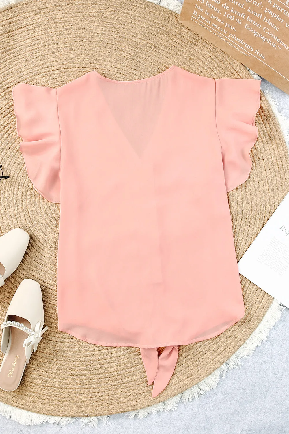 V-Neck Tie and Hem Flutter Sleeve Summer Women's Blouse