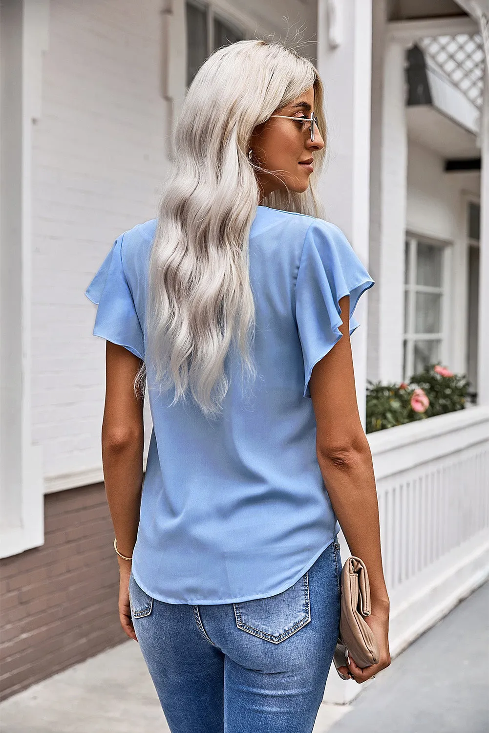 V-Neck Tie and Hem Flutter Sleeve Summer Women's Blouse