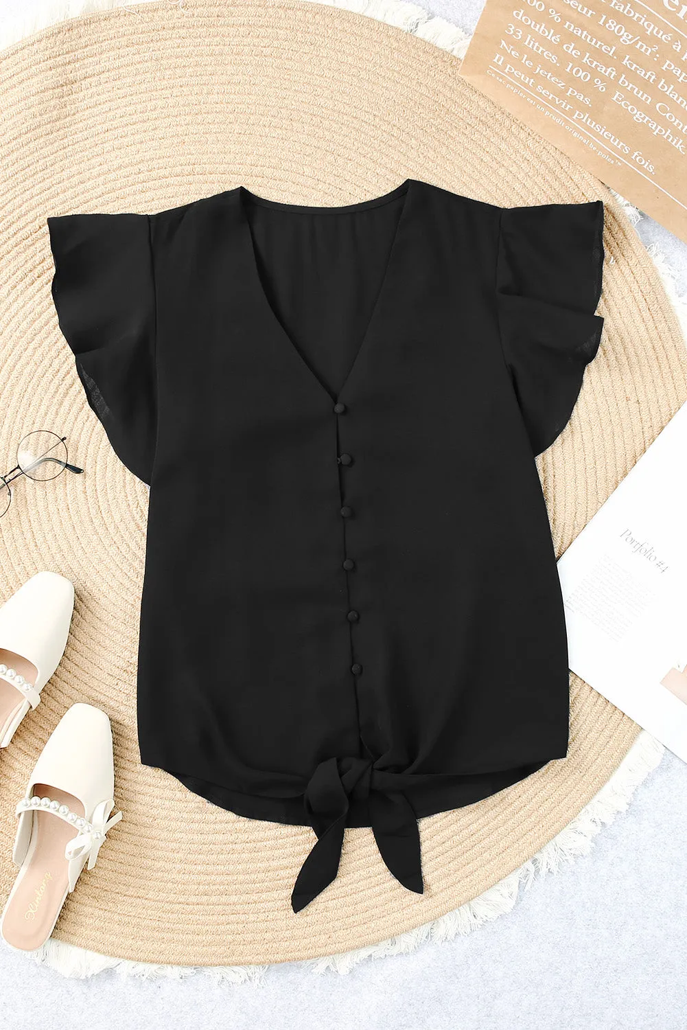 V-Neck Tie and Hem Flutter Sleeve Summer Women's Blouse