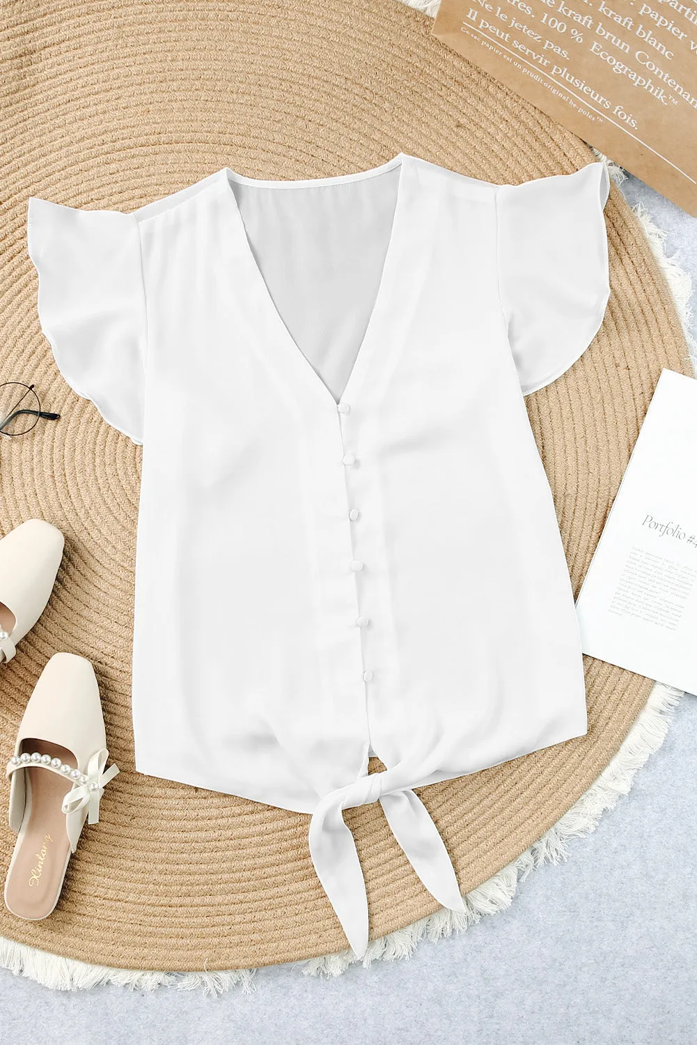 V-Neck Tie and Hem Flutter Sleeve Summer Women's Blouse