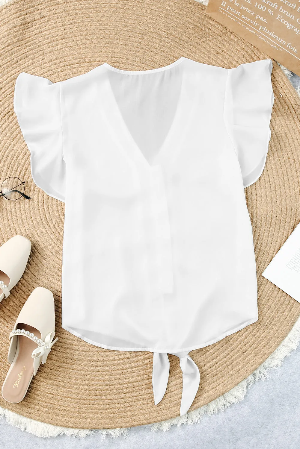 V-Neck Tie and Hem Flutter Sleeve Summer Women's Blouse