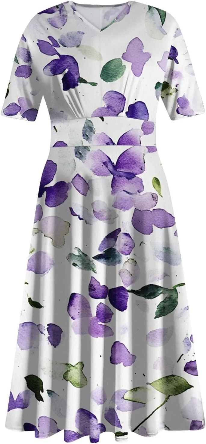 Wedding Guest Dresses for Women Midi Wide Skirt Dress Printed Fresh Natural Style Picnic Easter Parade Women's Formal Dresses