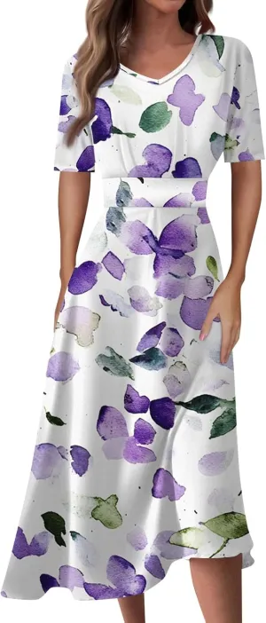 Wedding Guest Dresses for Women Midi Wide Skirt Dress Printed Fresh Natural Style Picnic Easter Parade Women's Formal Dresses