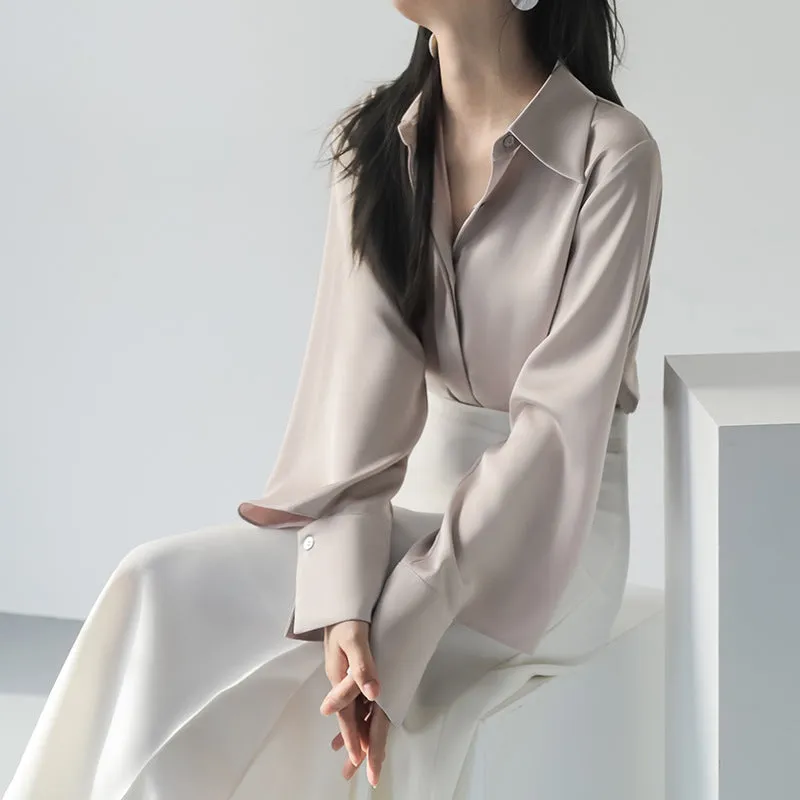 Woman Fashion Cuff Long Sleeve Satin Elegant Shirt