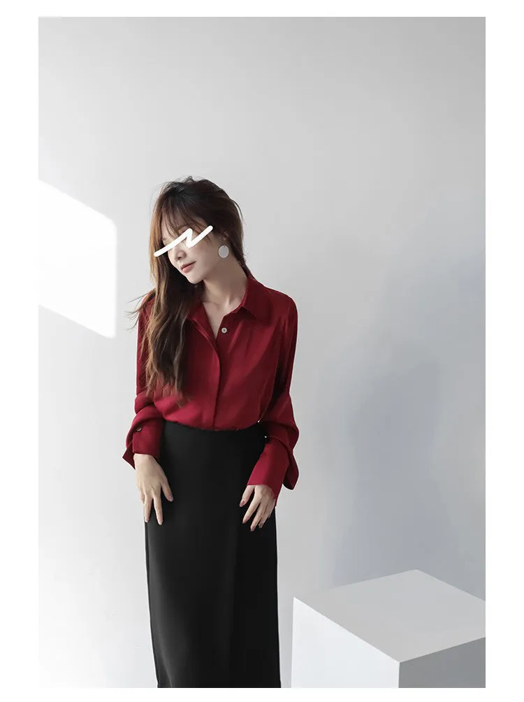 Woman Fashion Cuff Long Sleeve Satin Elegant Shirt