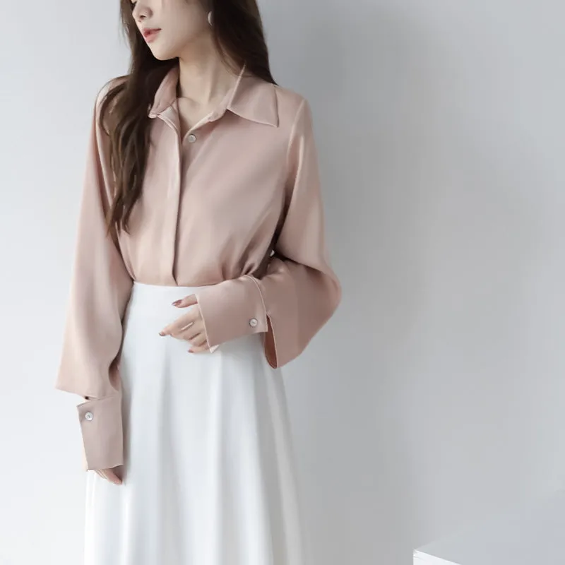 Woman Fashion Cuff Long Sleeve Satin Elegant Shirt