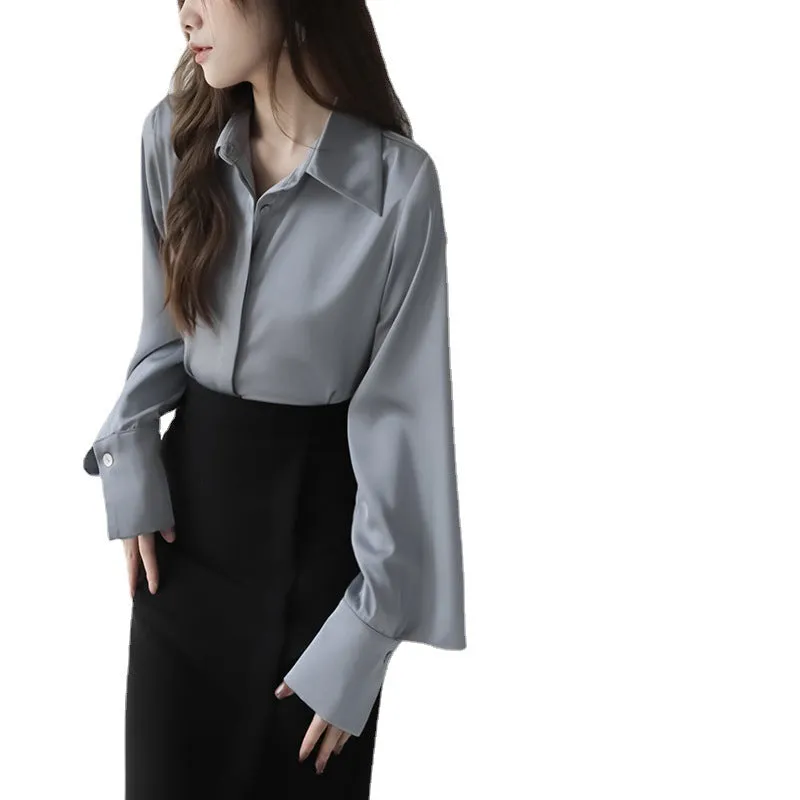 Woman Fashion Cuff Long Sleeve Satin Elegant Shirt