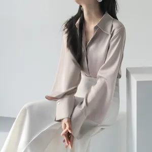 Woman Fashion Cuff Long Sleeve Satin Elegant Shirt