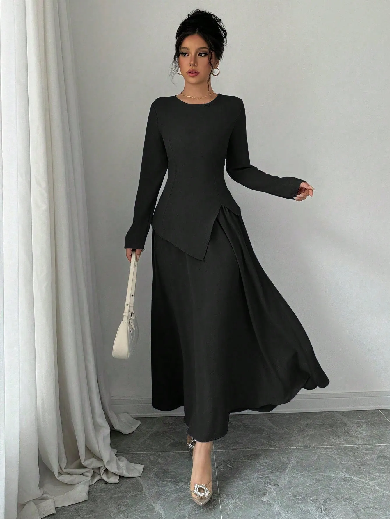 Women Elegant Fashion Long Sleeve Round Neck Cinched Waist Back Asymmetrical Hem Top & Long Skirt 2 Piece Set