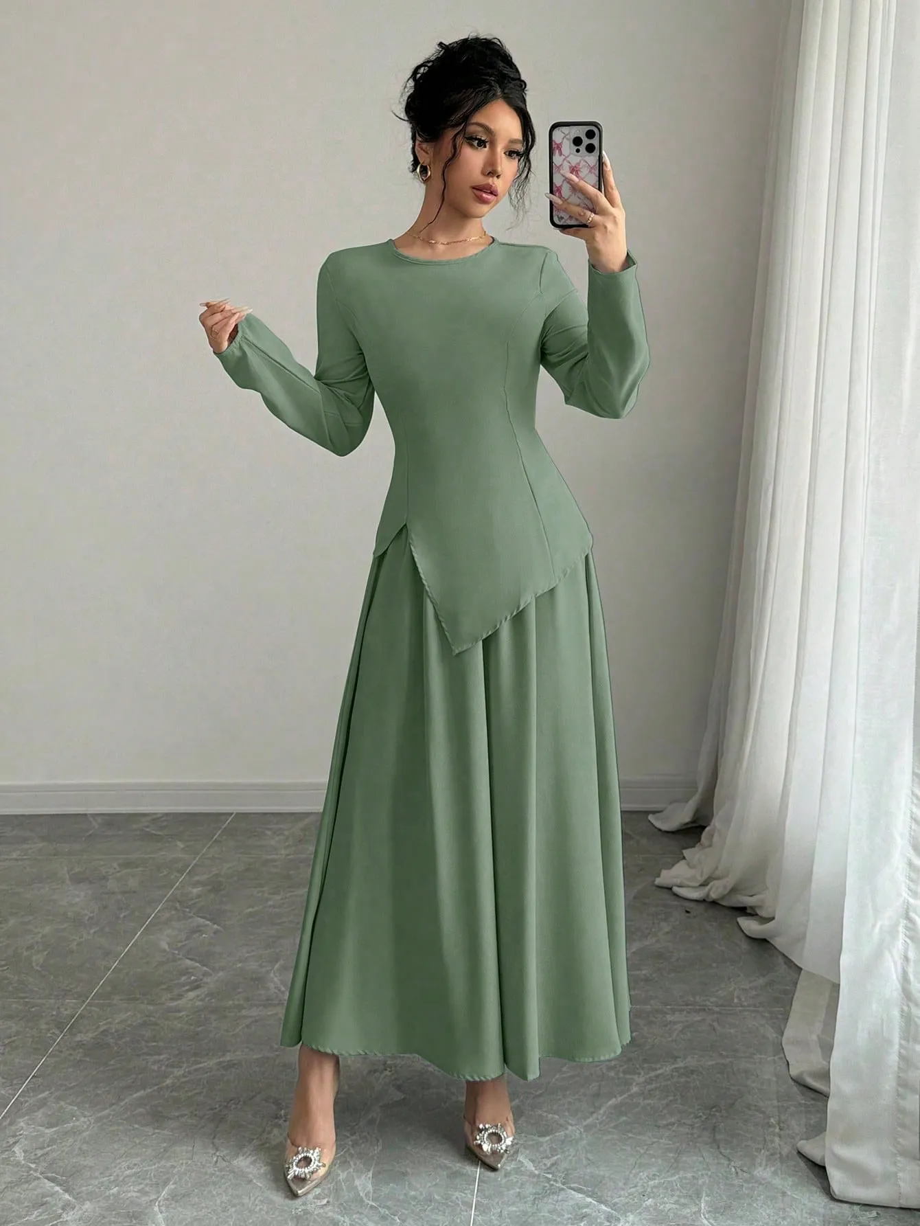 Women Elegant Fashion Long Sleeve Round Neck Cinched Waist Back Asymmetrical Hem Top & Long Skirt 2 Piece Set