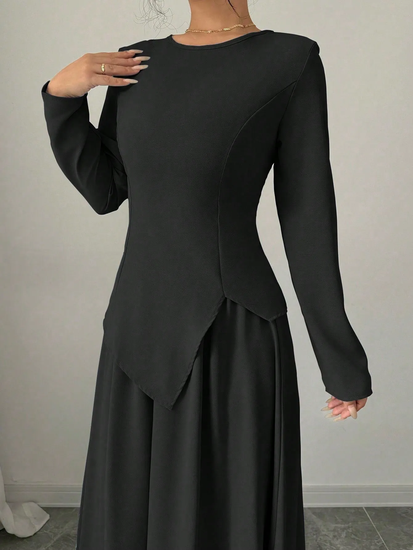 Women Elegant Fashion Long Sleeve Round Neck Cinched Waist Back Asymmetrical Hem Top & Long Skirt 2 Piece Set