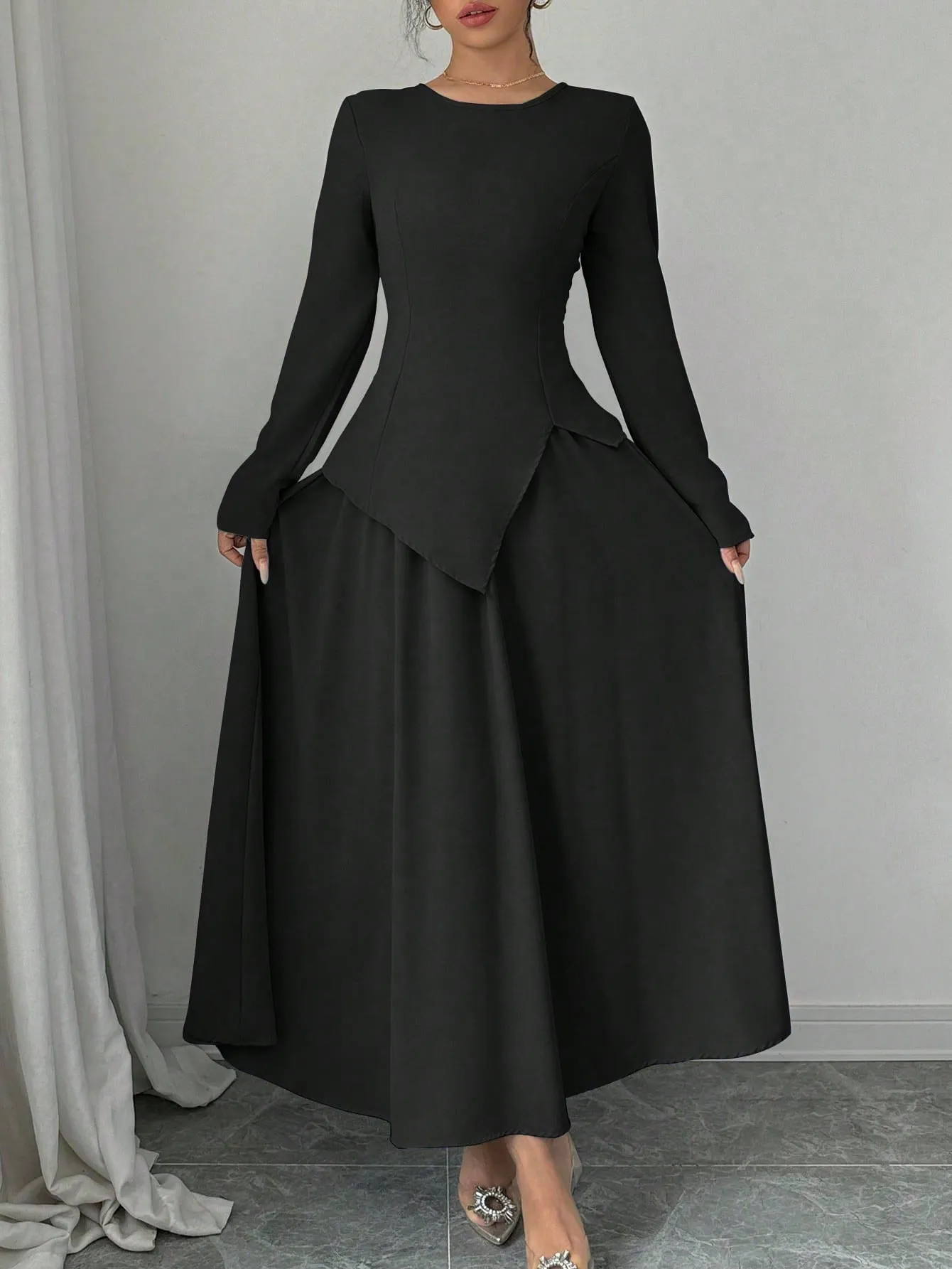 Women Elegant Fashion Long Sleeve Round Neck Cinched Waist Back Asymmetrical Hem Top & Long Skirt 2 Piece Set