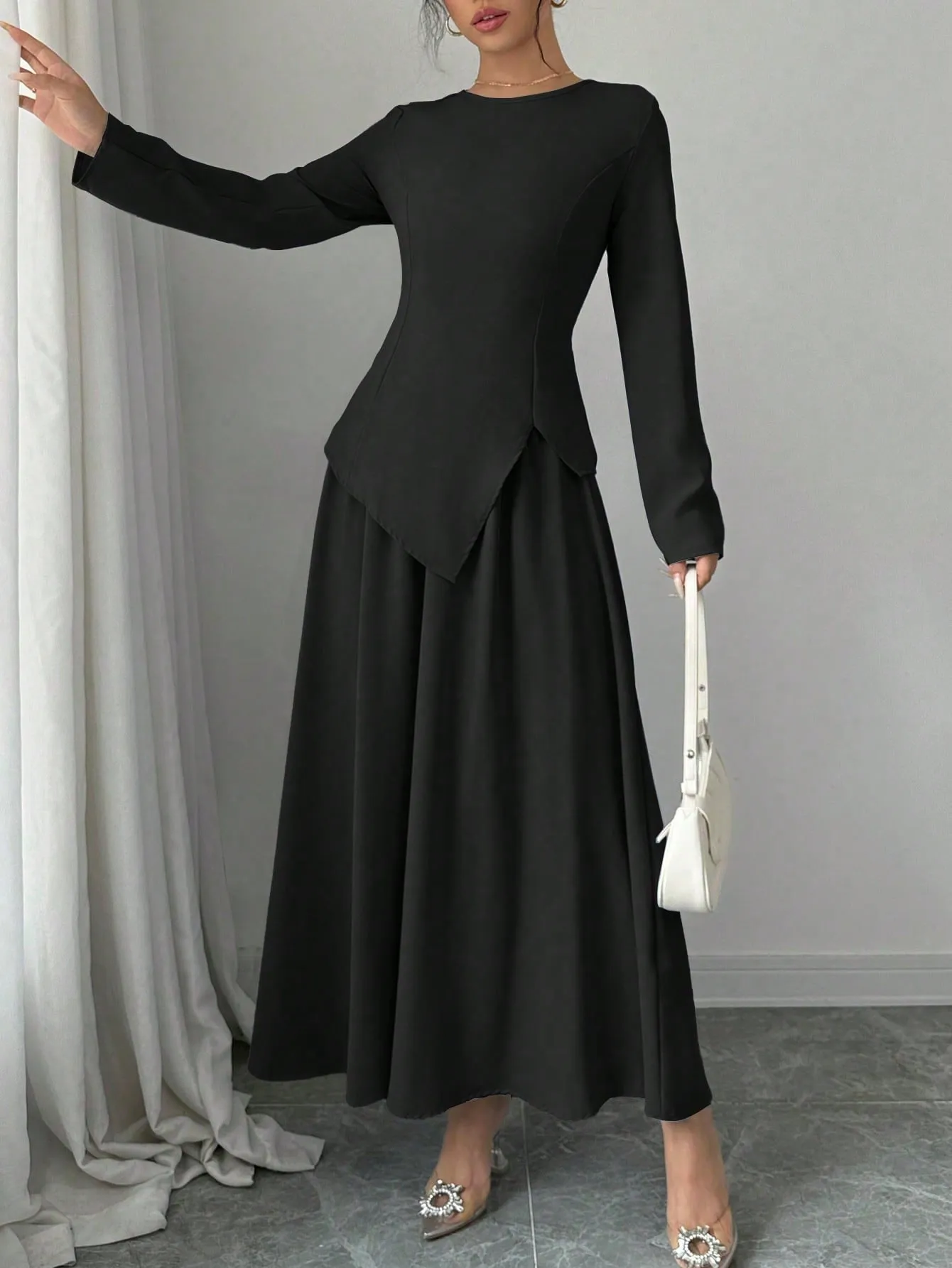 Women Elegant Fashion Long Sleeve Round Neck Cinched Waist Back Asymmetrical Hem Top & Long Skirt 2 Piece Set