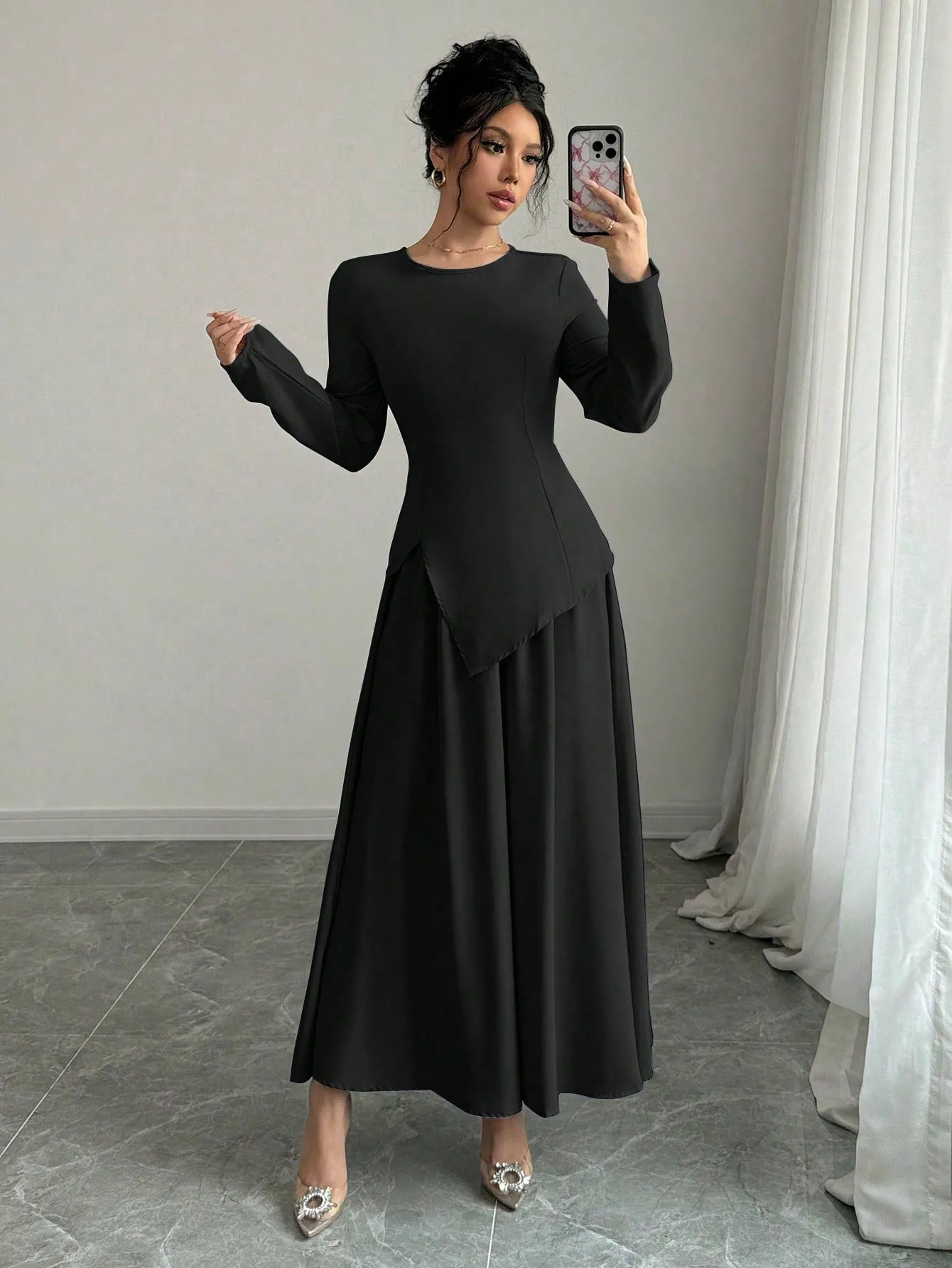 Women Elegant Fashion Long Sleeve Round Neck Cinched Waist Back Asymmetrical Hem Top & Long Skirt 2 Piece Set