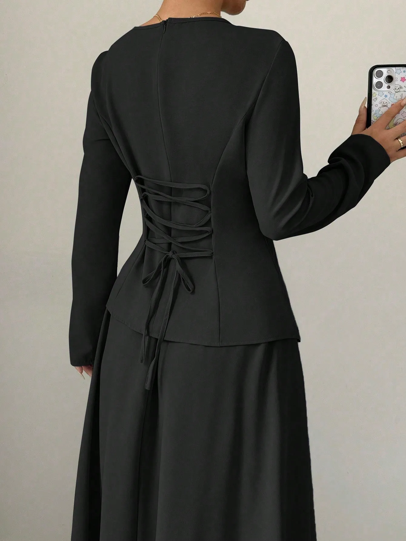 Women Elegant Fashion Long Sleeve Round Neck Cinched Waist Back Asymmetrical Hem Top & Long Skirt 2 Piece Set