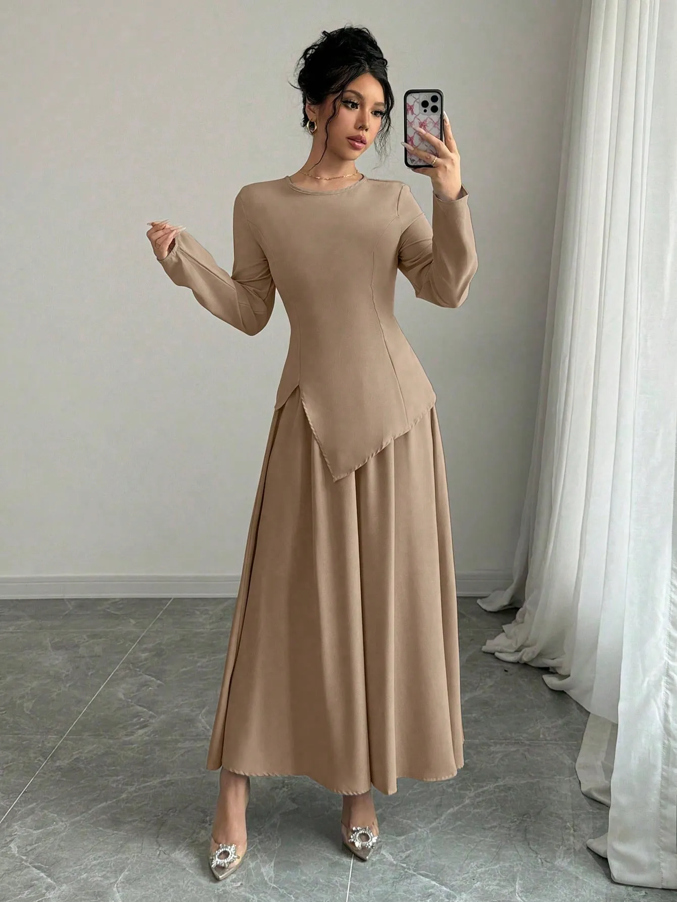 Women Elegant Fashion Long Sleeve Round Neck Cinched Waist Back Asymmetrical Hem Top & Long Skirt 2 Piece Set