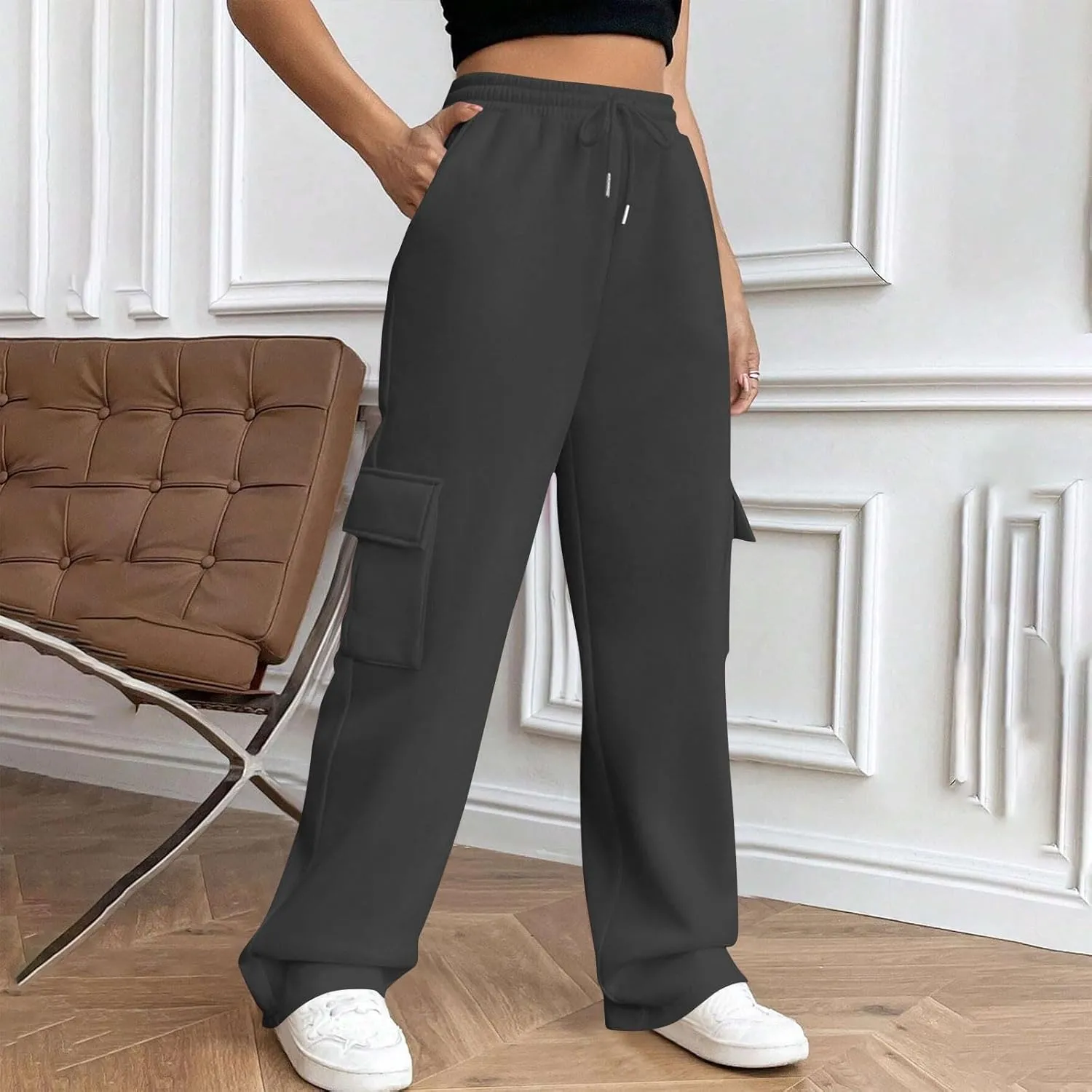Womens Cargo Sweatpants Casual Baggy Fleece Trousers High Waisted Drawstring Joggers Pants with Pockets
