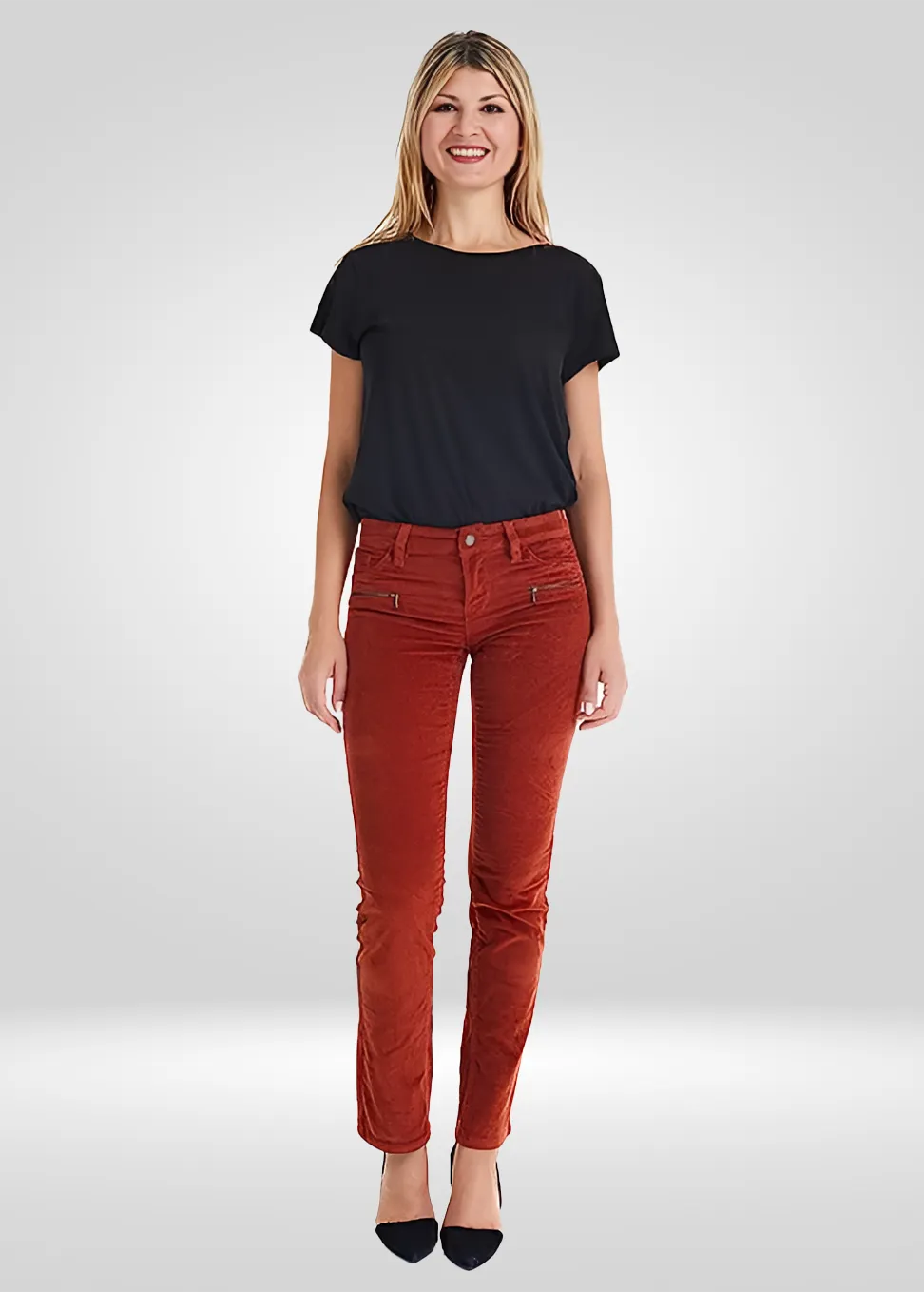 Women's Stretch Corduroy Pants with Zipper Detail