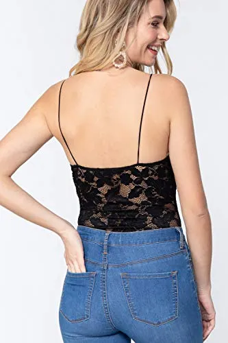 Women's Stretch Lace Spaghetti Sweet Heart Neck Cami Bodysuit