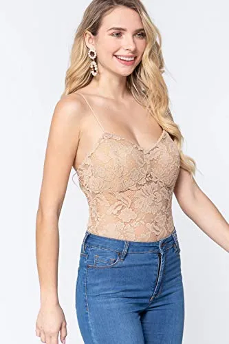 Women's Stretch Lace Spaghetti Sweet Heart Neck Cami Bodysuit
