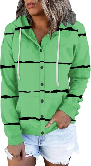 Womens Striped Casual Sweatshirt Oversized Drawstring Casual V Neck Button Up Hoodies Fall Long Sleeve Hooded Jackets