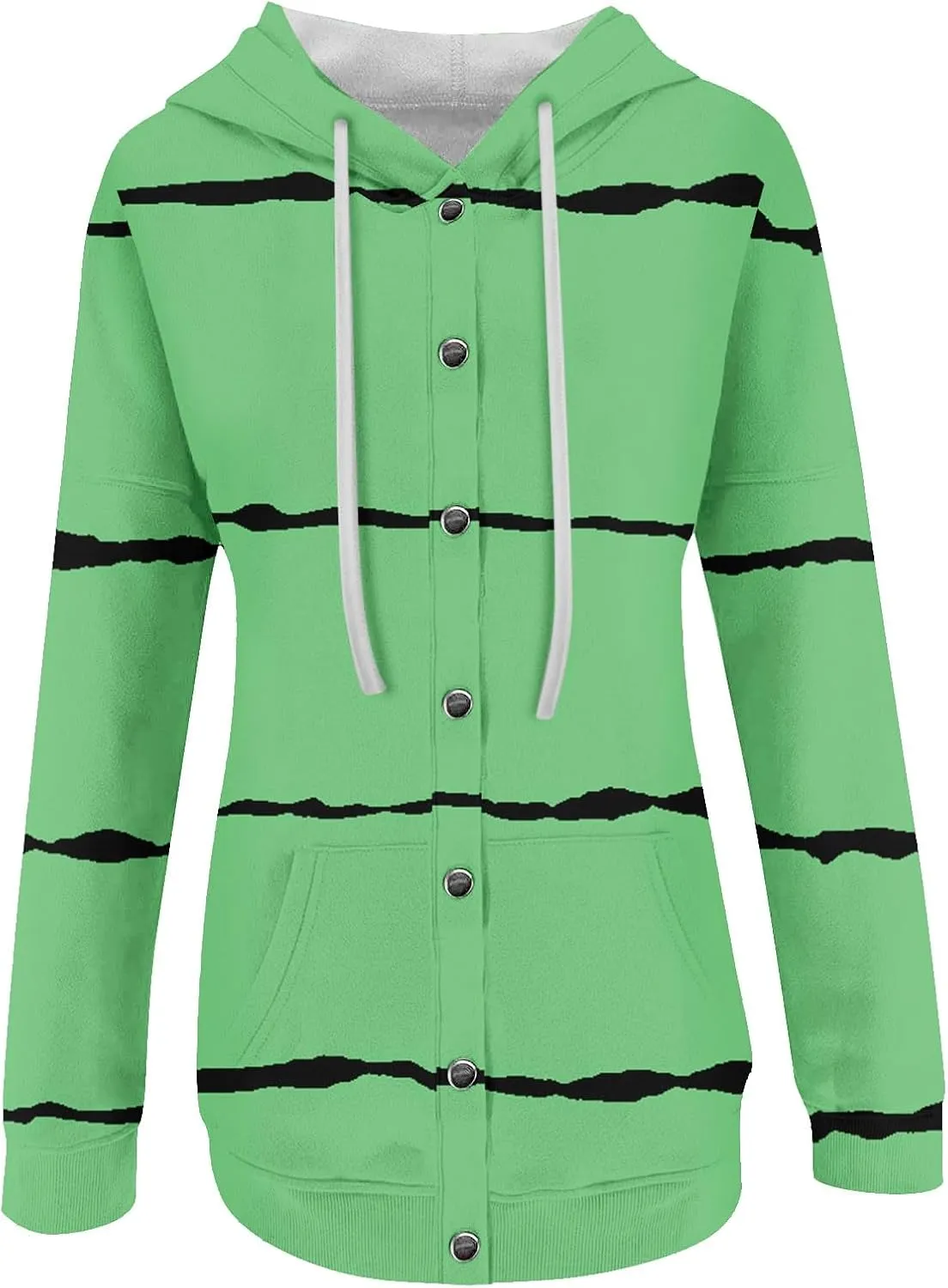 Womens Striped Casual Sweatshirt Oversized Drawstring Casual V Neck Button Up Hoodies Fall Long Sleeve Hooded Jackets