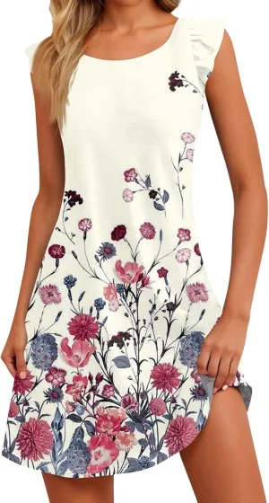Womens Summer Dresses Casual U Neck Sleeveless a Line Dress Flowy Printed Tank Dresses Beach Sundresses Mini Dress