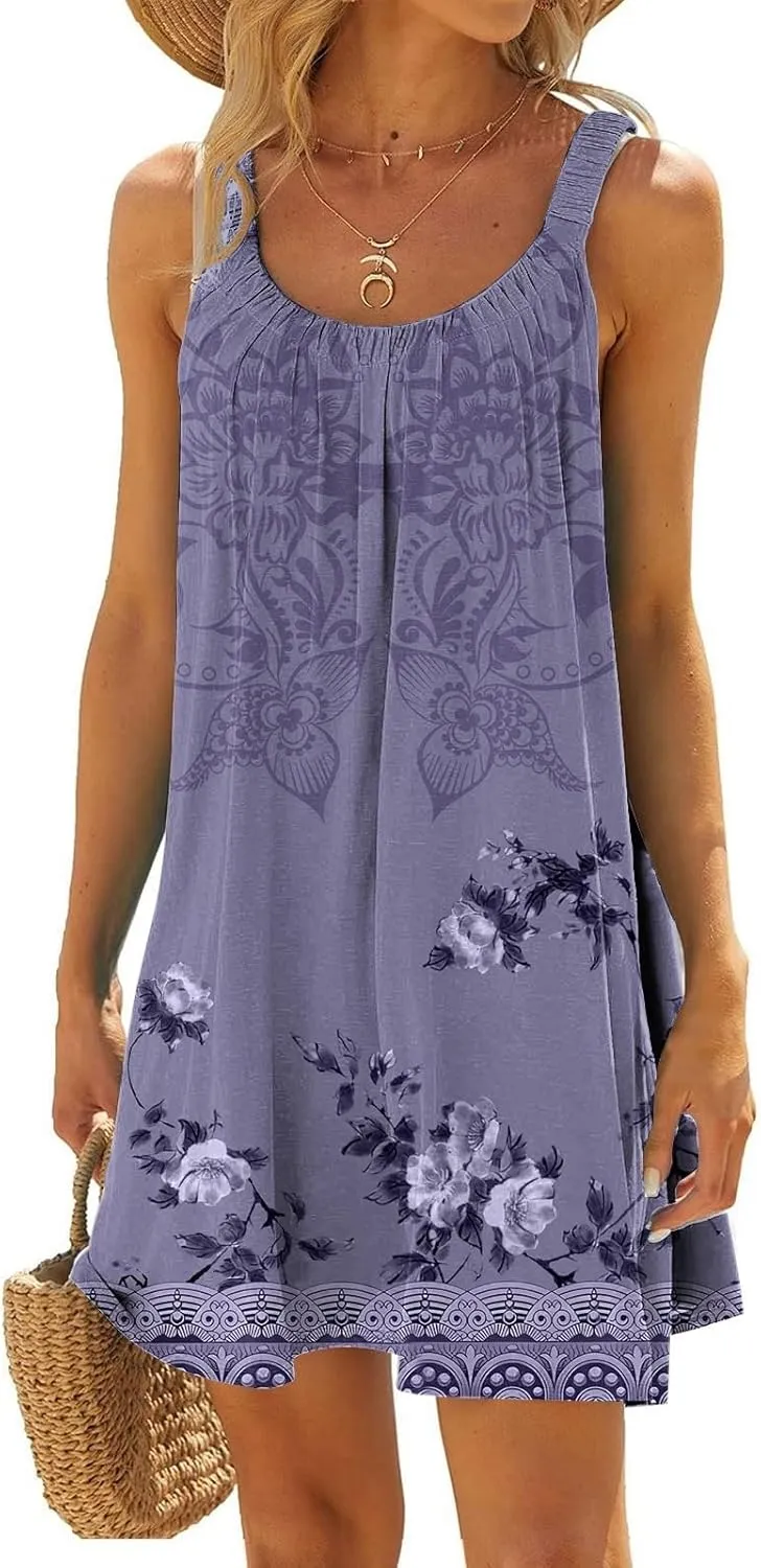 Women's Summer Fashion Vintage Flowers Printed Pleated Sleeveless Shoulder Strap Beach Vacation Casual Dress