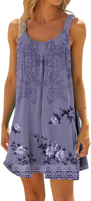 Women's Summer Fashion Vintage Flowers Printed Pleated Sleeveless Shoulder Strap Beach Vacation Casual Dress