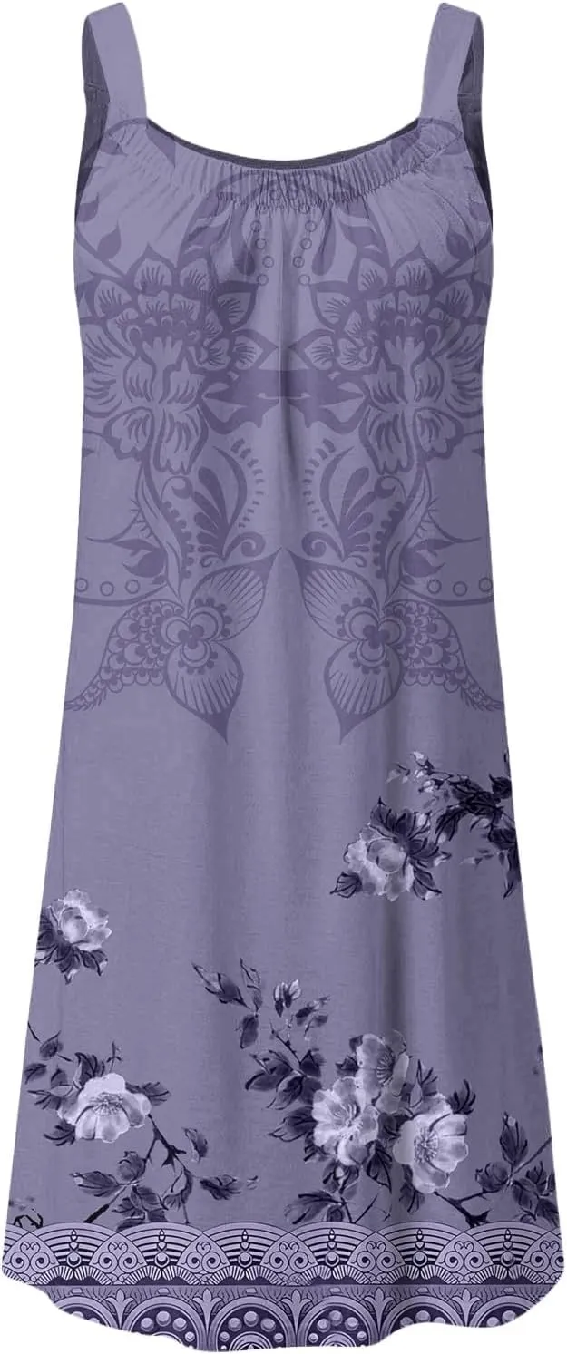 Women's Summer Fashion Vintage Flowers Printed Pleated Sleeveless Shoulder Strap Beach Vacation Casual Dress