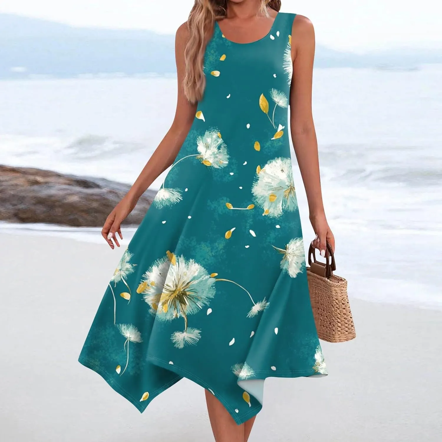 Womens Summer Maxi Dress Spaghetti Strap Casual Printed Dress Boho Floral Beach Sundress